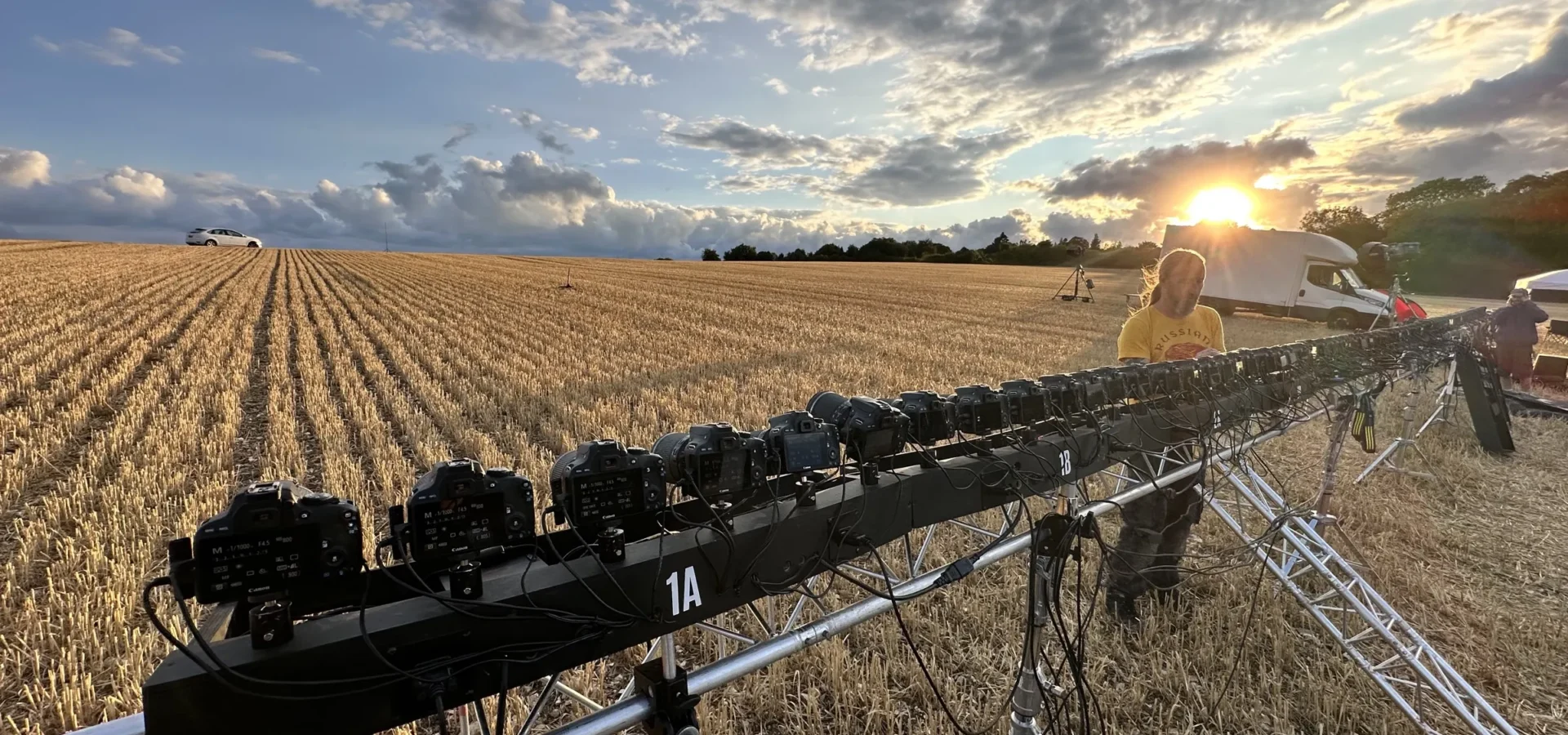The line of stills cameras at sunset, with camera block 1A nearest the lens