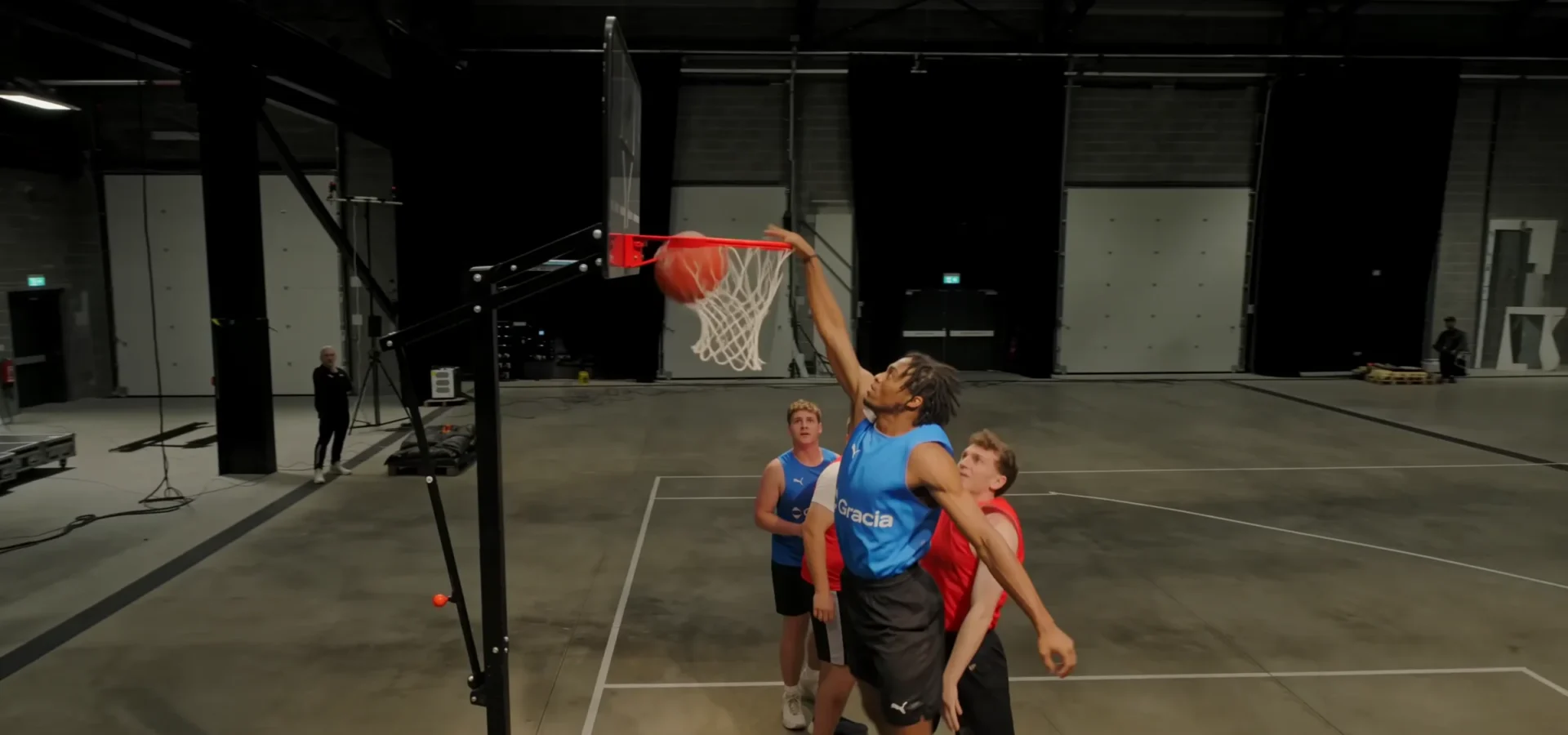 The ball at the rim, from a virtual camera position behind the hoop